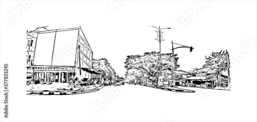 Building view with landmark of Banda Aceh is the capital and largest city in the province of Aceh, Indonesia. Hand drawn sketch illustration in vector.