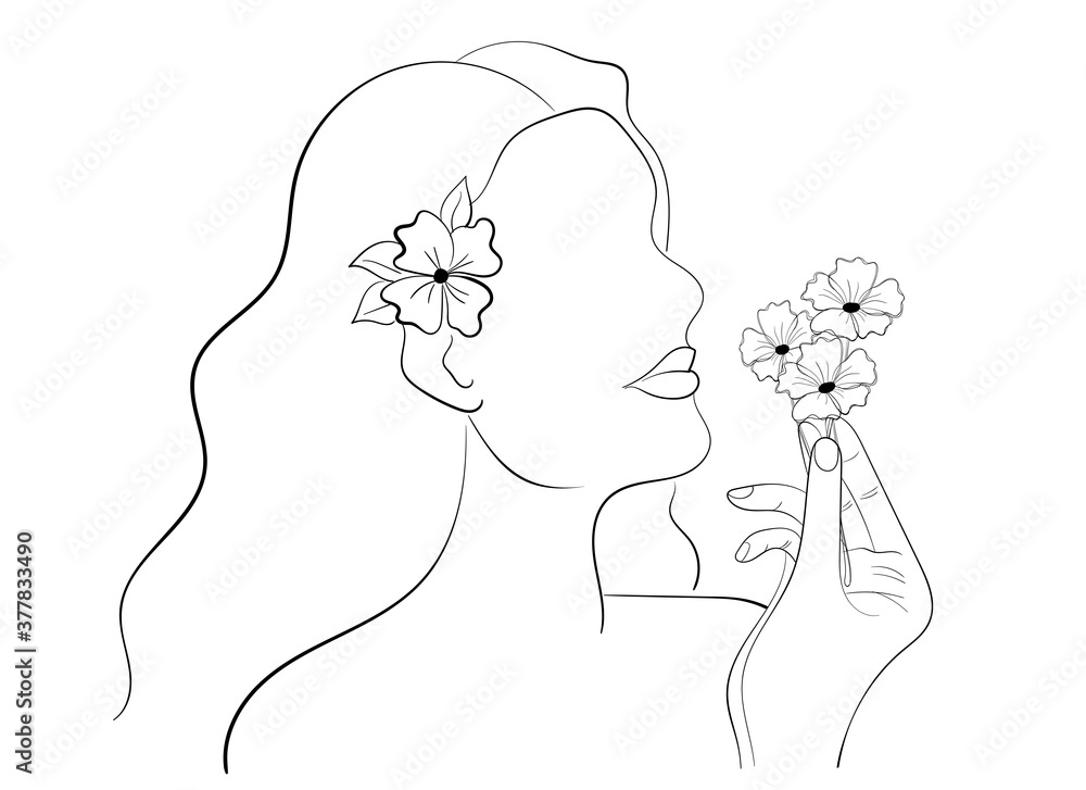 Beautiful woman holds flowers in her hand. Sketch. Line art. Isolated vector illustration. Beautiful woman holds flowers in her hand. Sketch. Line art. Isolated vector illustration.