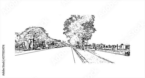 Building view with landmark of Banda Aceh is the capital and largest city in the province of Aceh, Indonesia. Hand drawn sketch illustration in vector.