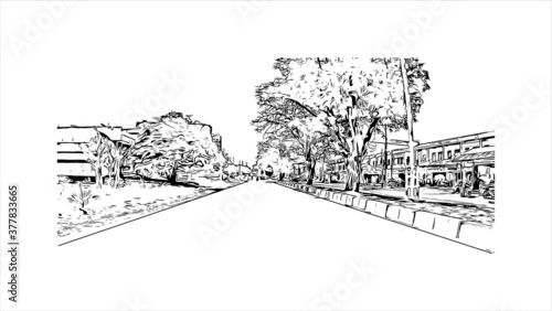 Building view with landmark of Banda Aceh is the capital and largest city in the province of Aceh, Indonesia. Hand drawn sketch illustration in vector.