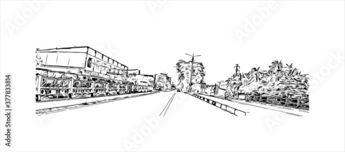 Building view with landmark of Banda Aceh is the capital and largest city in the province of Aceh, Indonesia. Hand drawn sketch illustration in vector.