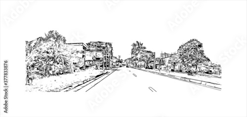 Building view with landmark of Banda Aceh is the capital and largest city in the province of Aceh, Indonesia. Hand drawn sketch illustration in vector.