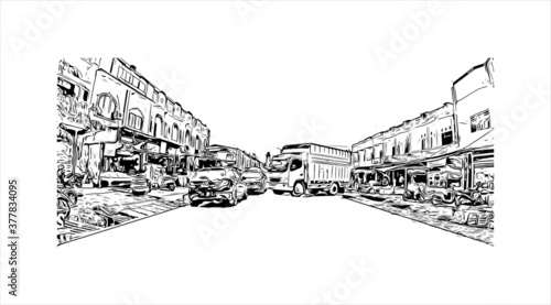 Building view with landmark of Banda Aceh is the capital and largest city in the province of Aceh, Indonesia. Hand drawn sketch illustration in vector.