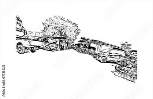 Building view with landmark of Banda Aceh is the capital and largest city in the province of Aceh, Indonesia. Hand drawn sketch illustration in vector.