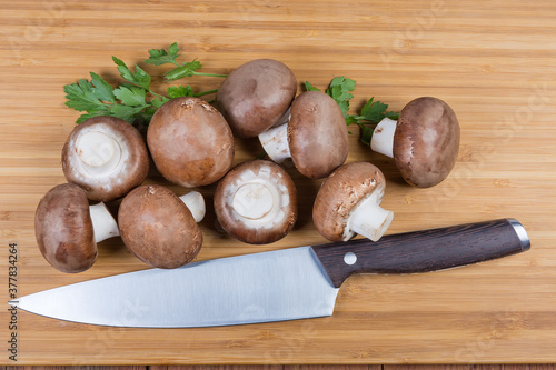 Royal champignon mushrooms and large kitchen knife on cutting board