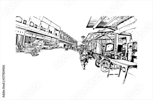 Building view with landmark of Banda Aceh is the capital and largest city in the province of Aceh, Indonesia. Hand drawn sketch illustration in vector.