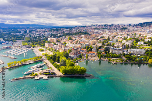 Picturesque aerial view from lake Geneva of Swiss town of Lausanne