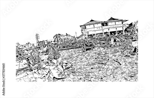 Building view with landmark of Banda Aceh is the capital and largest city in the province of Aceh, Indonesia. Hand drawn sketch illustration in vector.