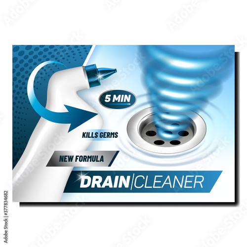 Drain Cleaner Blank Package Promo Banner Vector. Kill Germs Cleaner Blank Container And Silk Hole On Elegant Advertise Poster. Sewerage Sanitary Liquid Style Color Concept Layout Illustration