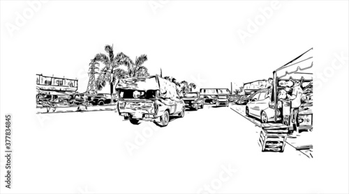 Building view with landmark of Banda Aceh is the capital and largest city in the province of Aceh, Indonesia. Hand drawn sketch illustration in vector.