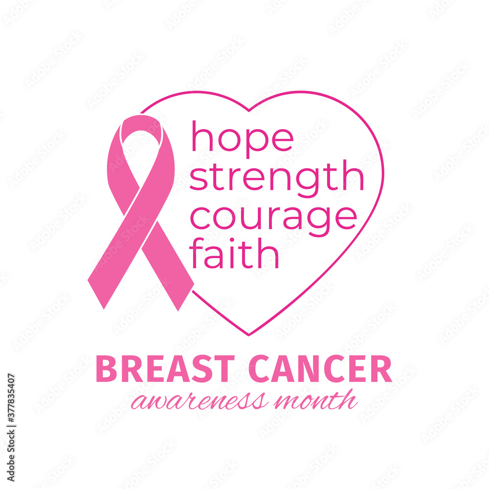 Pink ribbon with heart. Breast cancer awareness design with text hope, strength, faith, courage. Logo for information campaigns, support and charities. Vector flat design illustration