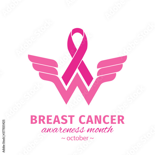 Breast cancer awareness design with Pink ribbon. Wonder Women Cancer Survivor. Pink ribbon logo for awareness campaigns, support and charity. Vector flat design isolated on white background