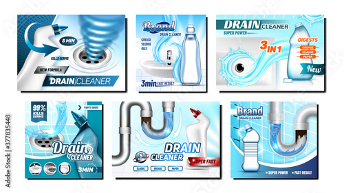 Clogged Drain Cleaner Promo Posters Set Vector. Drain Cleaning Liquid Blank Bottles, Sink Hole And Clog Pipe On Advertising Marketing Banners Collection. Style Color Concept Template Illustrations
