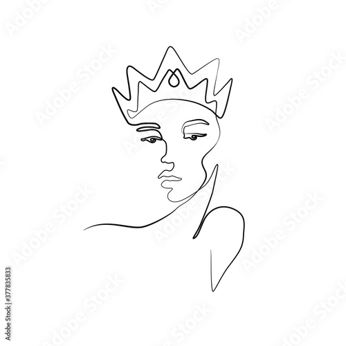 Beautiful girl in the crown, continuous line drawing, tattoo, print for clothes and logo design, silhouette single line on a white background, isolated vector illustration. 