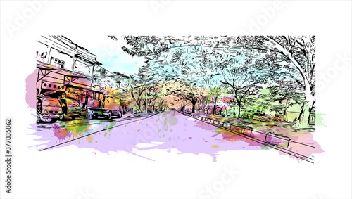 Building view with landmark of Banda Aceh is the capital and largest city in the province of Aceh, Indonesia. Watercolor splash with hand drawn sketch illustration in vector.