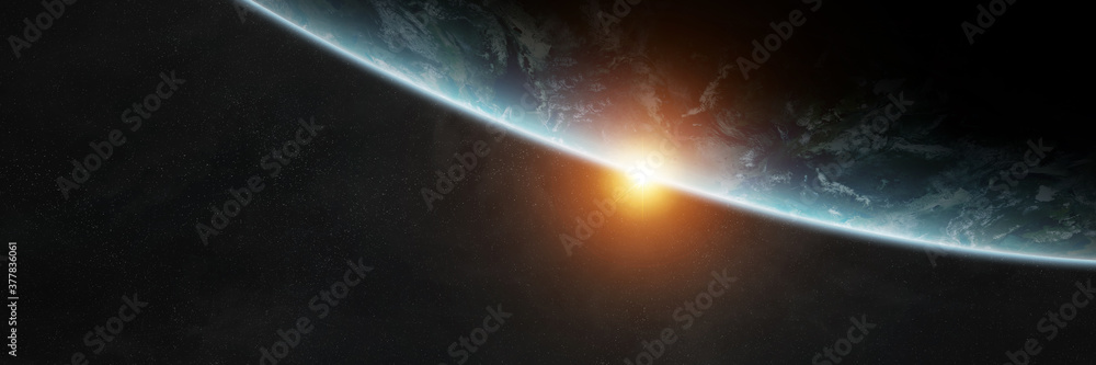 Obraz premium Panoramic planet Earth background. Panorama of space view of the globe 3D rendering elements of this image furnished by NASA