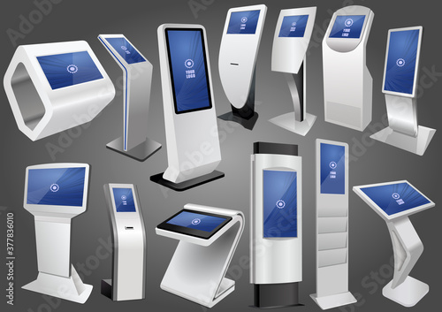 Set of Promotional Interactive Information Kiosk, Advertising Display, Terminal Stand, Touch Screen Display. Mock Up Template.