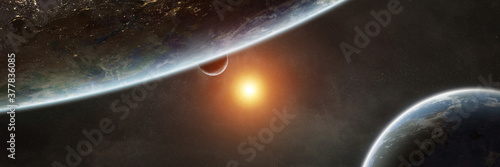 Panoramic space planets background. Panorama of distant solar system with exoplanets 3D rendering elements of this image furnished by NASA