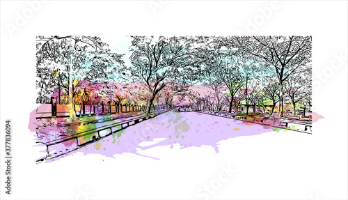Building view with landmark of Banda Aceh is the capital and largest city in the province of Aceh, Indonesia. Watercolor splash with hand drawn sketch illustration in vector.