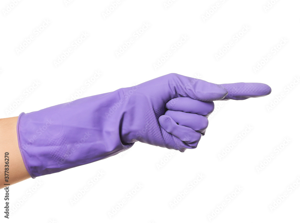Hand in rubber glove pointing at something on white background Hand in rubber glove pointing at something on white background