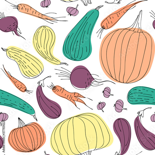 Seamless pattern of autumn vegetables drawn by living line. Pumpkin, zucchini, carrots, beets, eggplants, garlic are arranged in a random pattern. Flat vector illustration.