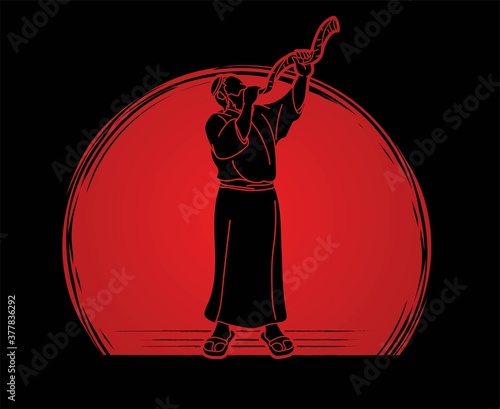 Feast of trumpets. Jewish people blowing the shofar horn cartoon graphic vector