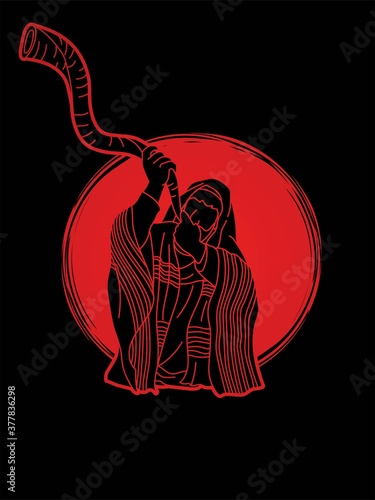 Feast of trumpets. Jewish people blowing the shofar horn cartoon graphic vector