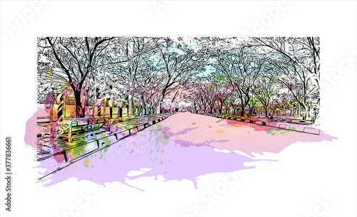 Building view with landmark of Banda Aceh is the capital and largest city in the province of Aceh, Indonesia. Watercolor splash with hand drawn sketch illustration in vector.