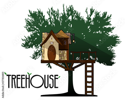 Child Treehouse, Tiny House on a Tree Vector Illustration 