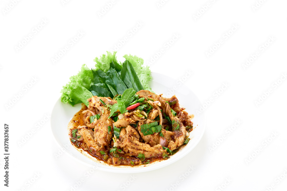 Spicy grilled pork neck salad served with fresh vegetable Spicy grilled pork neck salad served with fresh vegetable