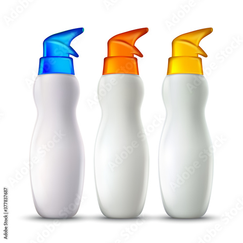Sunscreen Lotion Package With Spray Cap Set Vector. Sunscreen Blank Bottles Sprayer With Different Color Cap. Sunburn Skin Care Protection Foamy Liquid Template Realistic 3d Illustrations