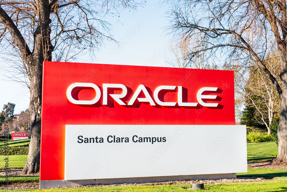 February 7, 2020 Santa Clara / CA / USA - Oracle logo at their campus ...