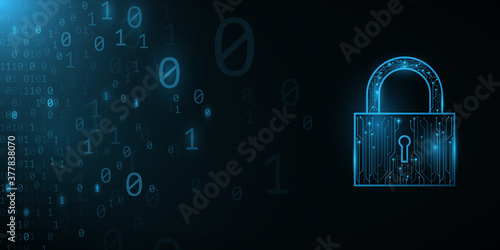 Futuristic lock from circuit computer board with binary code background. Hi-tech modern design. Programming banner. World network. High technology template. Vector illustration.