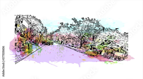 Building view with landmark of Banda Aceh is the capital and largest city in the province of Aceh, Indonesia. Watercolor splash with hand drawn sketch illustration in vector.