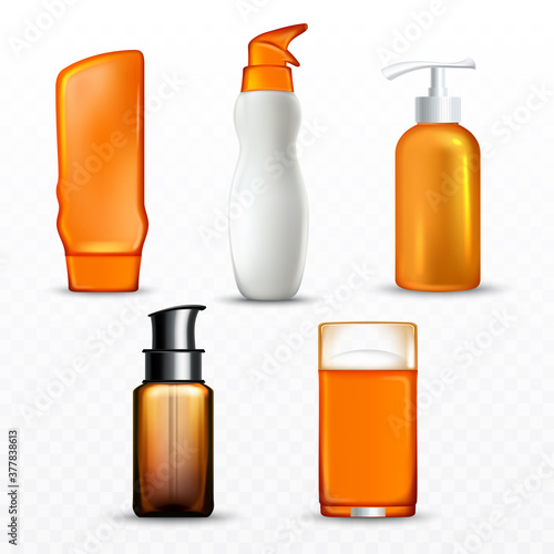 Sunscreen Cream Bottles Collection Set Vector. Sunscreen Body Care Blank Containers With Spray And Pump. Skin Protection Lotion Product Packages Template Realistic 3d Illustrations