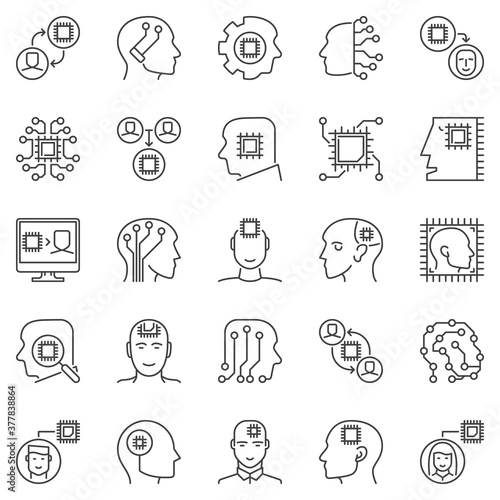 Human Head with a Chip outline icons set. Vector Artificial Intelligence and Machine learning concept line signs
