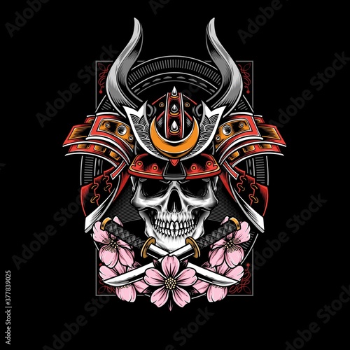 skull wearing samurai helmet with sakura