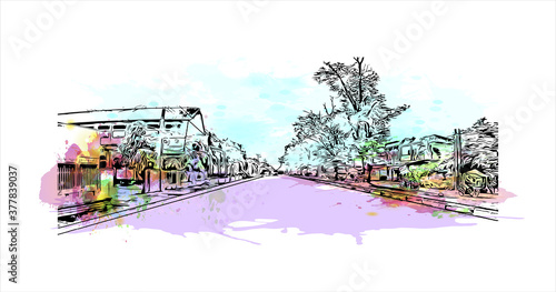 Building view with landmark of Banda Aceh is the capital and largest city in the province of Aceh, Indonesia. Watercolor splash with hand drawn sketch illustration in vector.