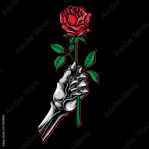 skeleton hand holding red rose vector