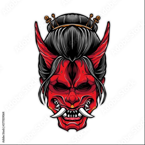 scary geisha with oni mask vector