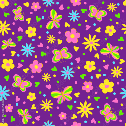 butterflies,flower and hearts seamless,pattern on a lillac background, vector