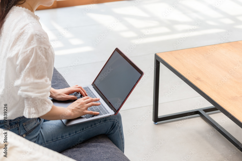 Fototapeta premium リビングでノートパソコンを使う女性