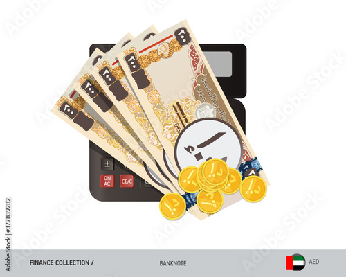 Money and finance. Calculator with 200 United Arab Emirates Dirham banknotes and gold coins . Flat style vector illustration.