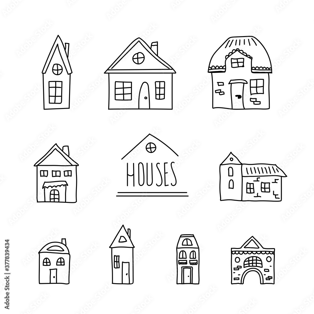 Hand drawn set of doodle houses. Thin black line. Different windows, doors and roofs. Vector illustration isolated on white