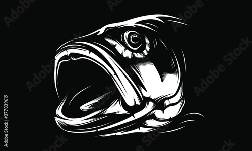 Fishing bass logo. Bass fish with rod club emblem. Fishing theme illustration. Fish Isolated on white.