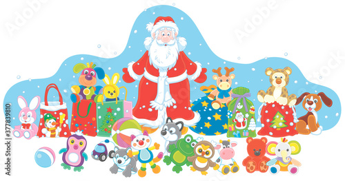 Santa Claus with his magic gift bag, colorful toys and wonderful presents on the snowy night before Christmas, vector cartoon illustration on a white background