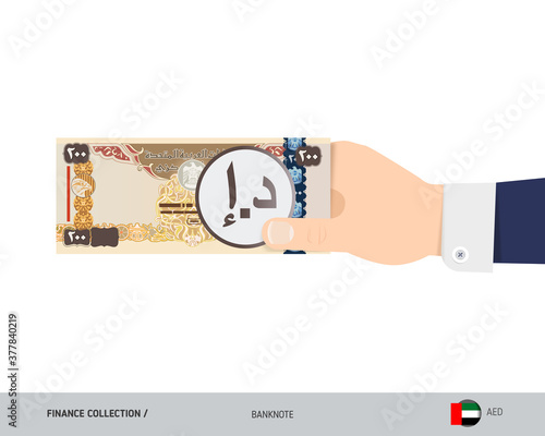 Hand gives 200 United Arab Emirates Dirham Banknotes. Flat style vector illustration. Salary payout or corruption concept.