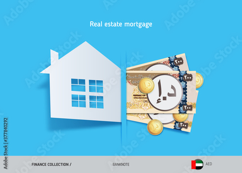Real estate mortgage concept. 200 United Arab Emirates Dirham banknotes and gold coins . Flat style vector illustration.