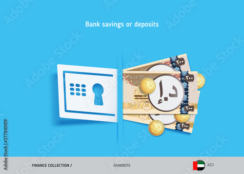 Bank loans. 200 United Arab Emirates Dirham banknotes and gold coins . Flat style vector illustration.