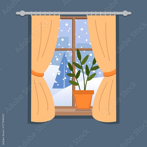 Winter window with view. Home plant  on the sill. Cute cozy vector illustration in flat style.